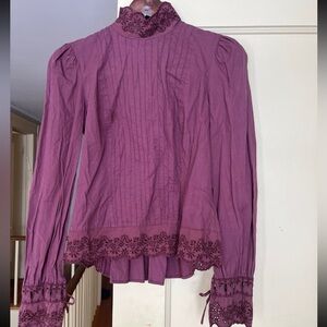 Victorian Renaissance Maroon Top Blouse Button Down Eyelet